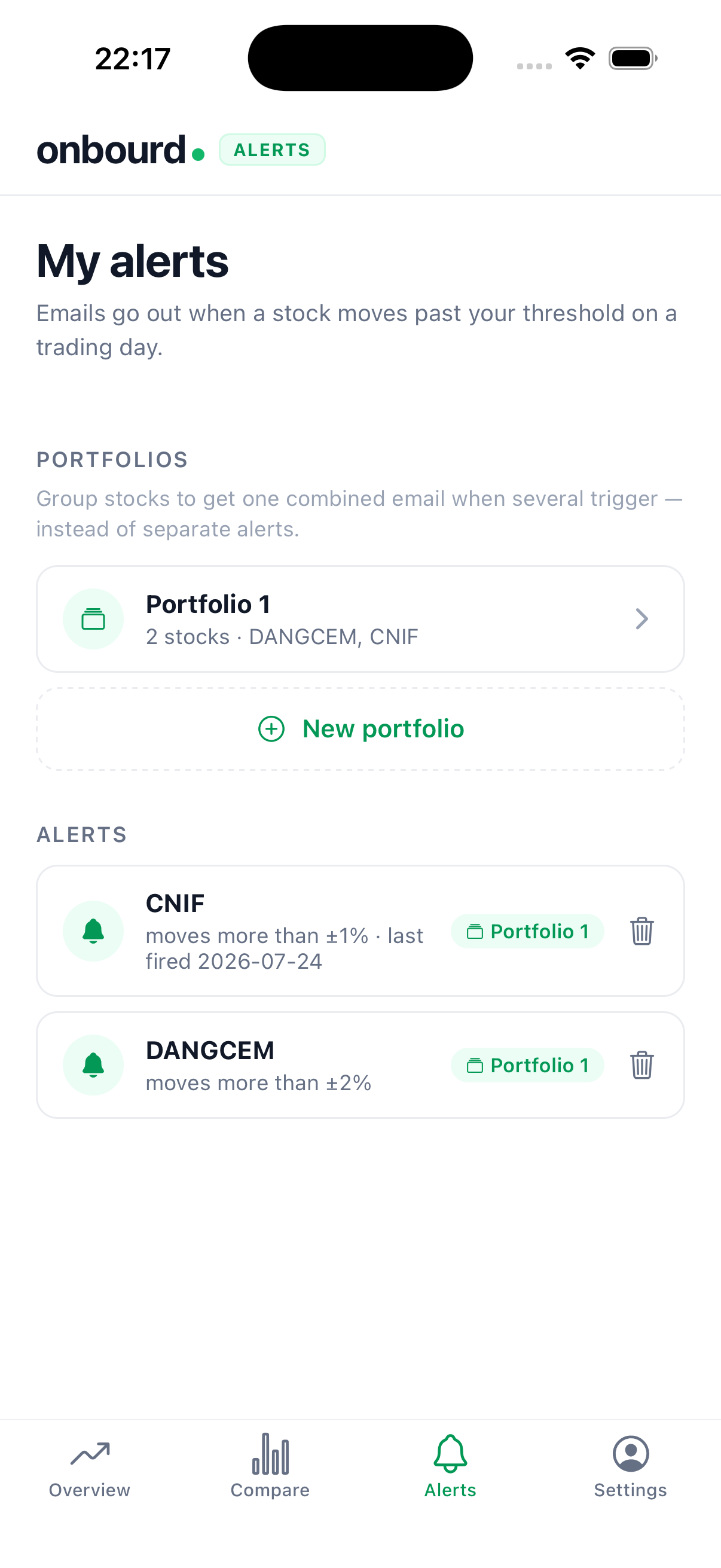 Price alerts grouped into a portfolio for one combined email