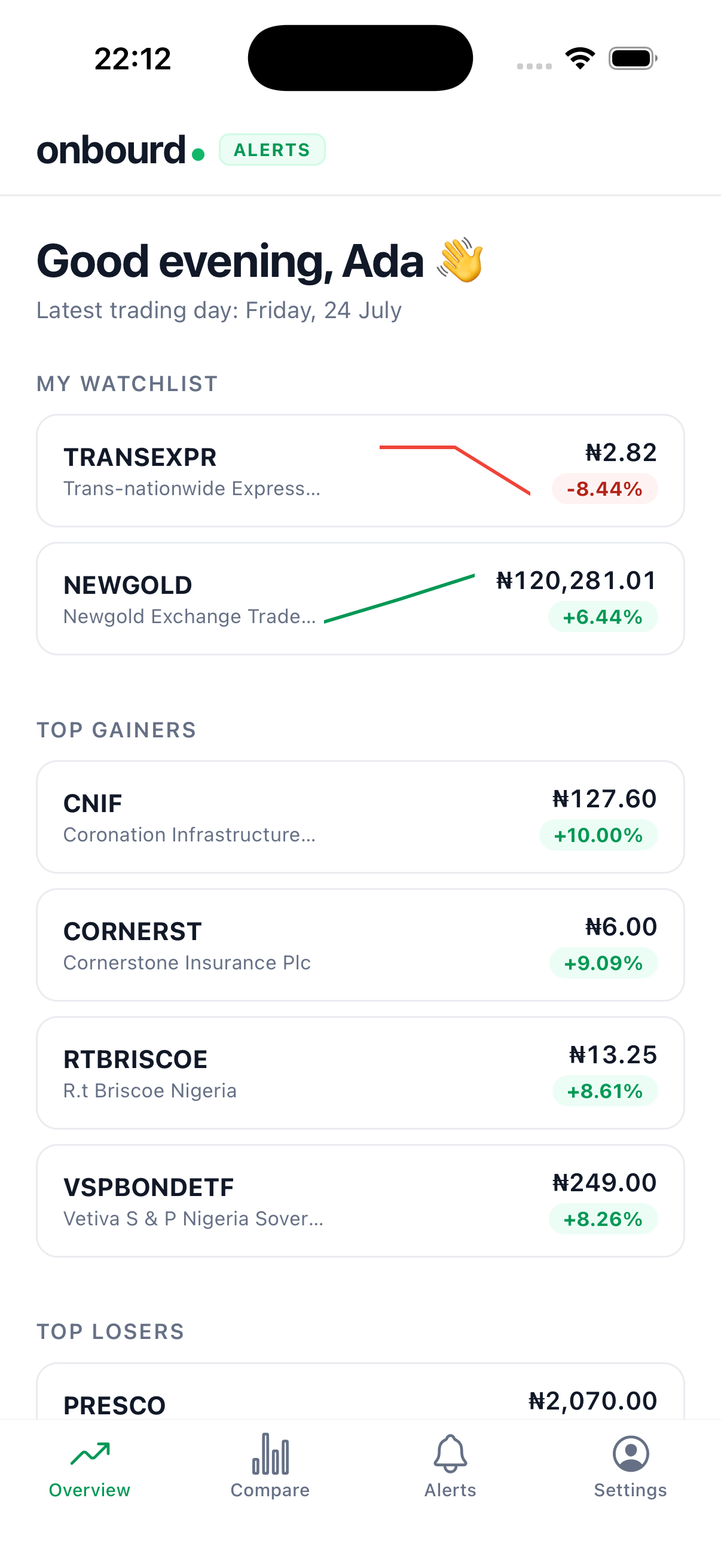 Onbourd Alerts app — your watchlist and today's top market movers